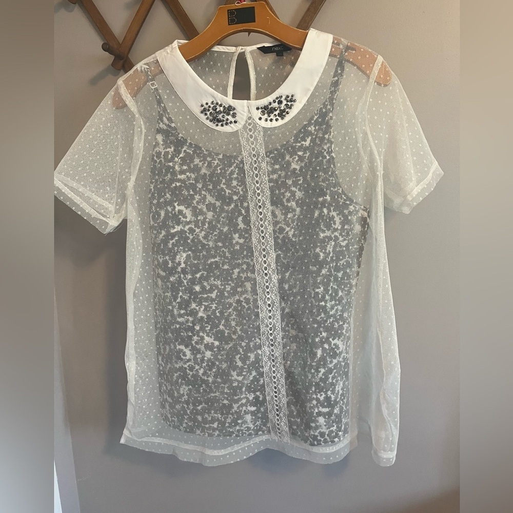 NEXT Peter Pan beaded collar sheer overlay 2 piece set XL coquette - Picture 2 of 7